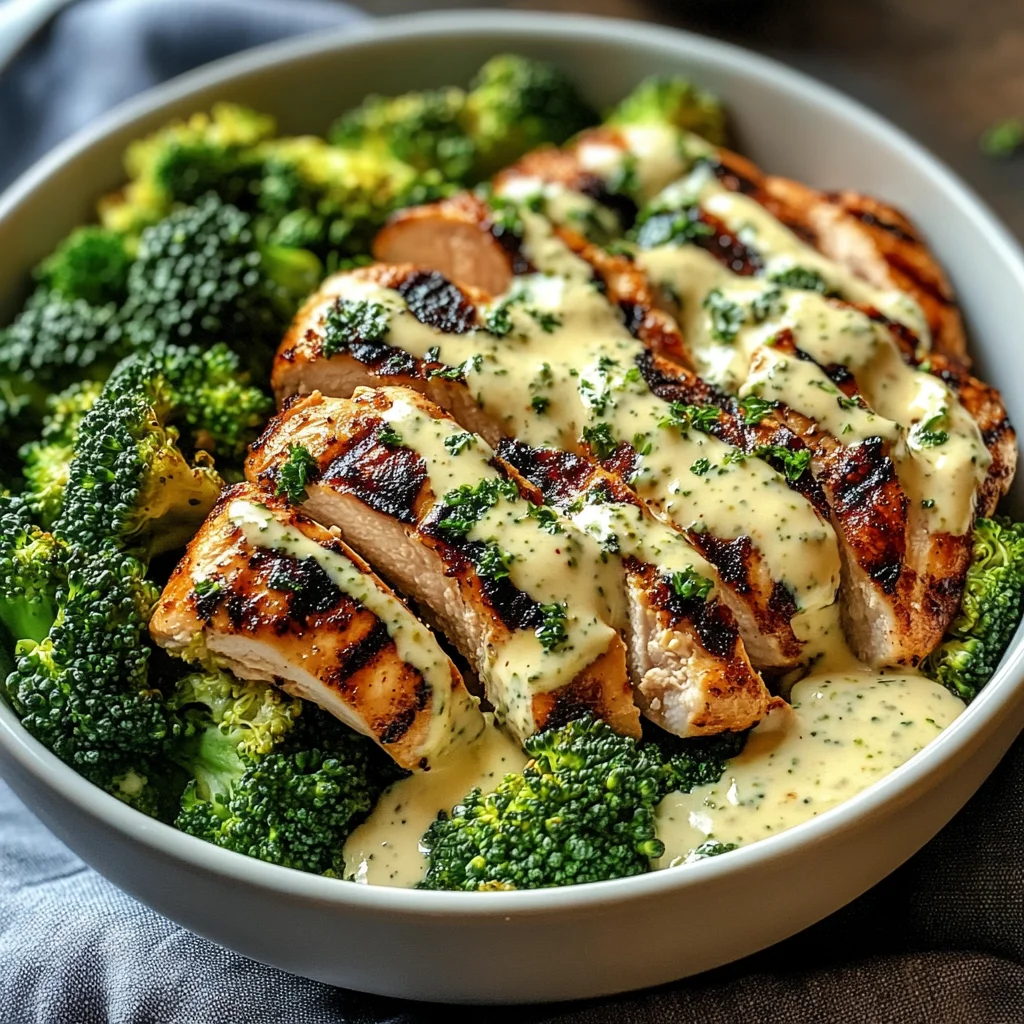 Grilled Chicken & Broccoli Bowls with Creamy Garlic Sauce