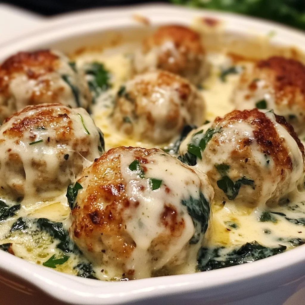 Baked Chicken Ricotta Meatballs with Spinach Alfredo Sauce