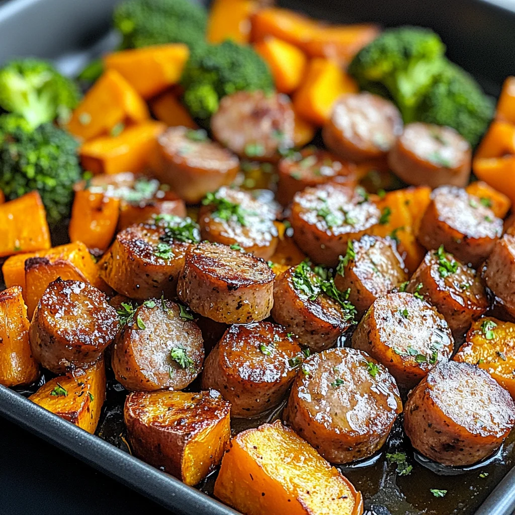 Sheet Pan Sausage and Sweet Potatoes with Honey Garlic Sauce