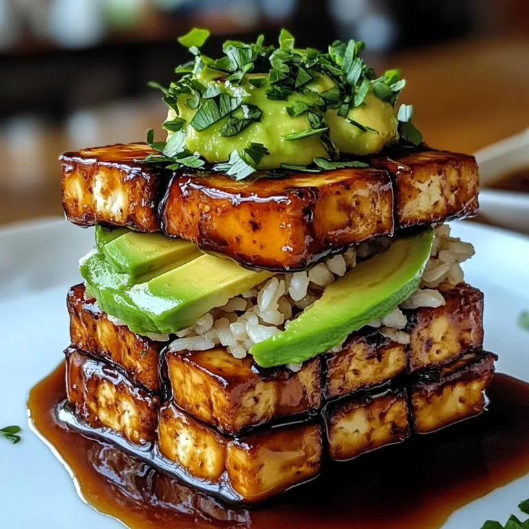 Crispy Teriyaki Tofu and Avocado Rice Stack