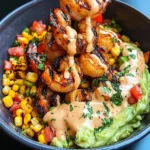Grilled Shrimp Bowl with Avocado, Corn Salsa & Creamy Sauce