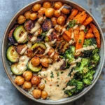 Roasted Veggie Chickpea Bowls with Maple Dijon Tahini Dressing