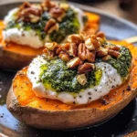 Stuffed Sweet Potatoes with Burrata, Toasted Walnuts & Sage Pesto