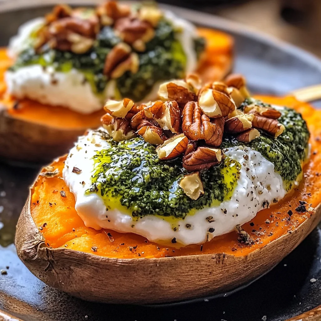 Stuffed Sweet Potatoes with Burrata, Toasted Walnuts & Sage Pesto