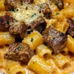 Cajun Steak Tips in Cheesy Rigatoni Parmesan Sauce