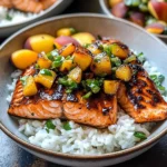 Crispy BBQ Salmon Bowls with Roasted Jalapeño Peach Salsa