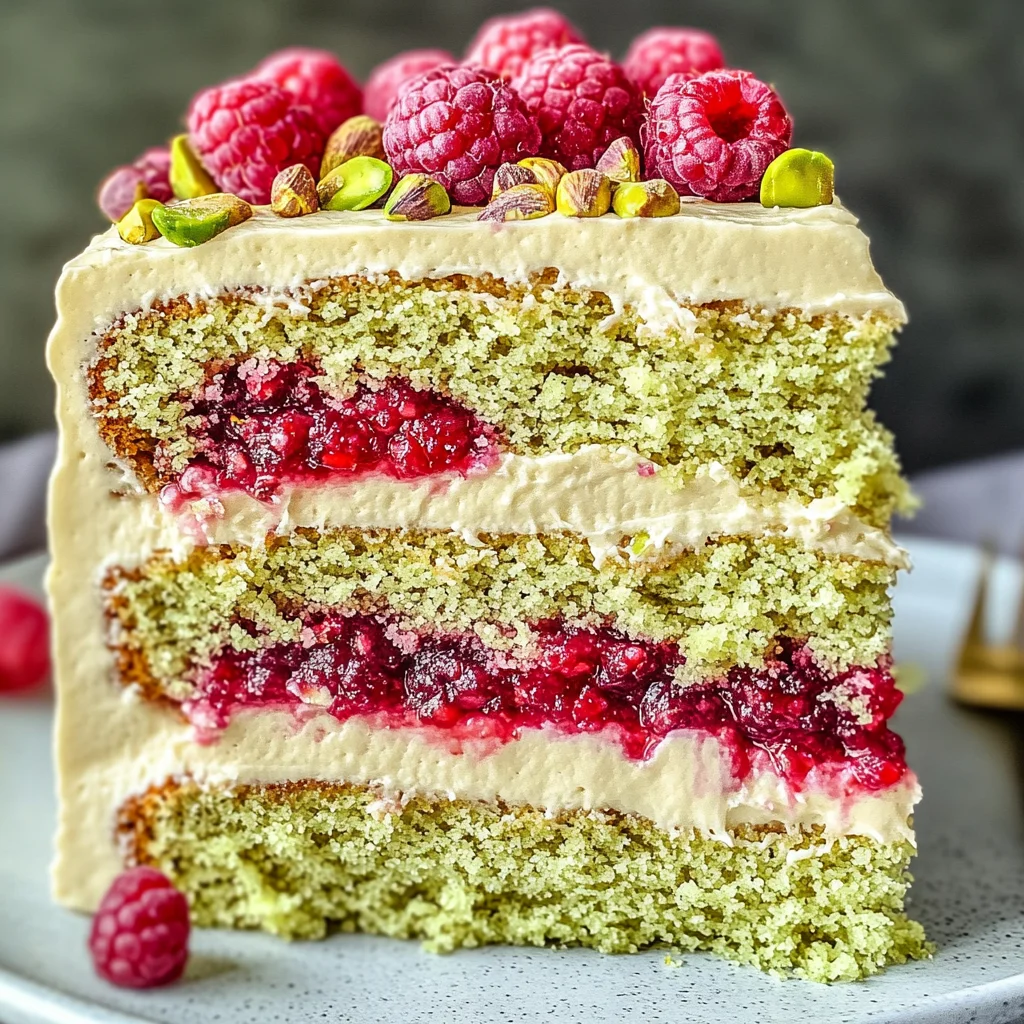 Pistachio Cake with Raspberry Filling and French Buttercream