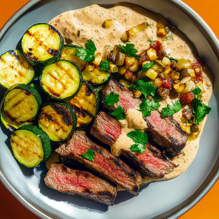Irresistible Grilled Steak Bowl with Creamy Sauce & Zucchini