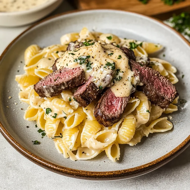 Steak Bites and Shell Pasta in Garlic Butter Alfredo Sauc…